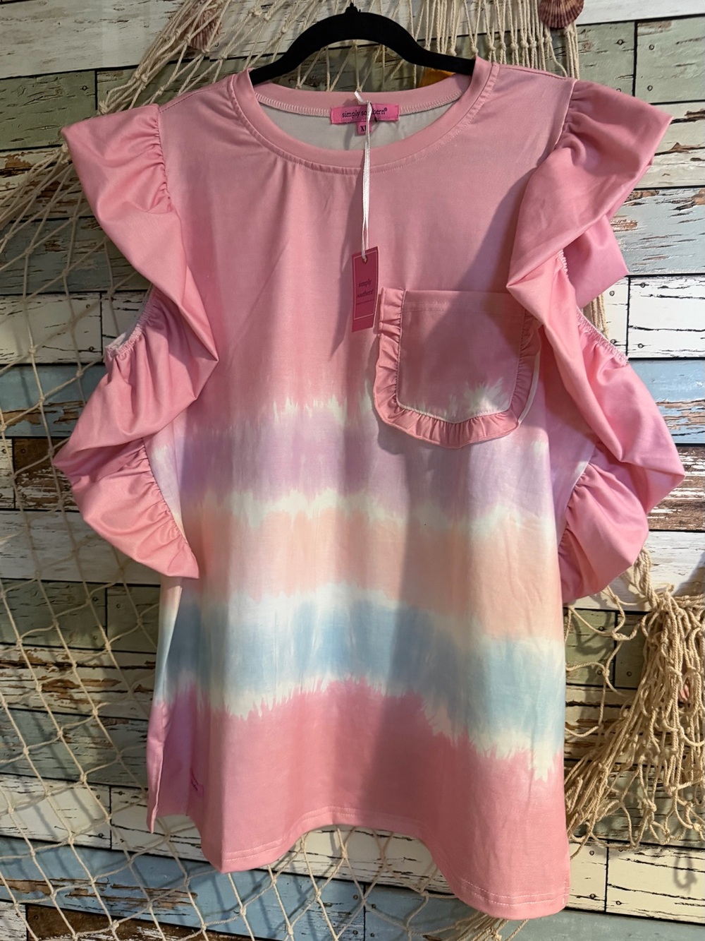 Simply Southern Pink Pastel Tie-Dye Ruffle Sleeve Tee